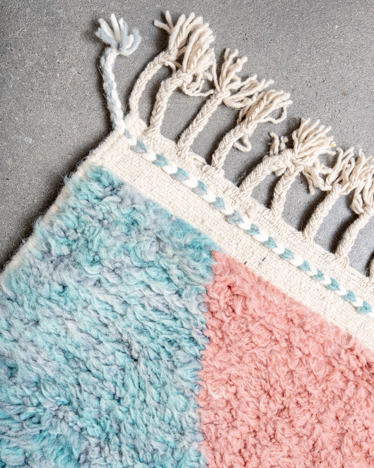 Modern, designer, handcrafted Berber rug from Morocco. Beniourain carpet with beautiful colours and patterns and fluffy wool texture.